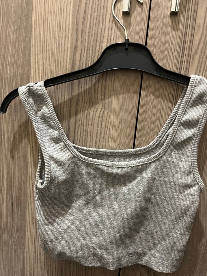 Gri Keten Kolsuz Crop Top - Görsel 2