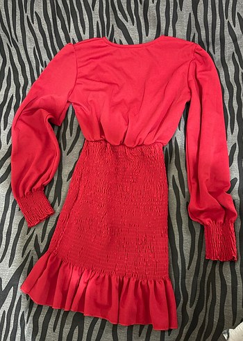 Kırmızı V Yaka Uzun Kollu Midi Elbise - Görsel 2