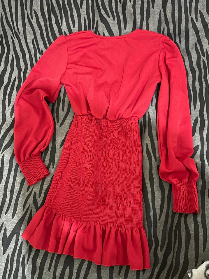 Kırmızı V Yaka Uzun Kollu Midi Elbise - Görsel 2