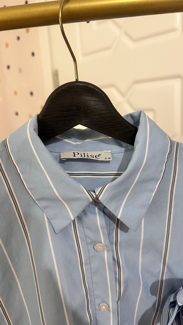 Mavi Çizgili Düğmeli Kadın Gömlek - Görsel 4