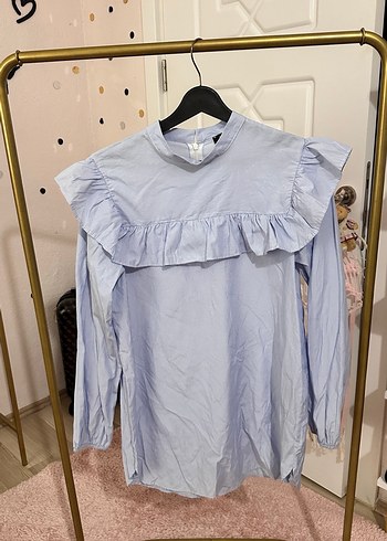 Kadın Mavi Pamuklu Fırfırlı Uzun Kollu Gömlek - Görsel 2