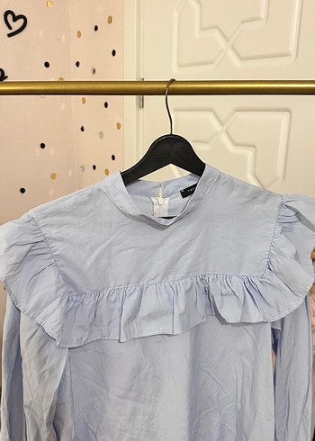 Kadın Mavi Pamuklu Fırfırlı Uzun Kollu Gömlek - Görsel 4