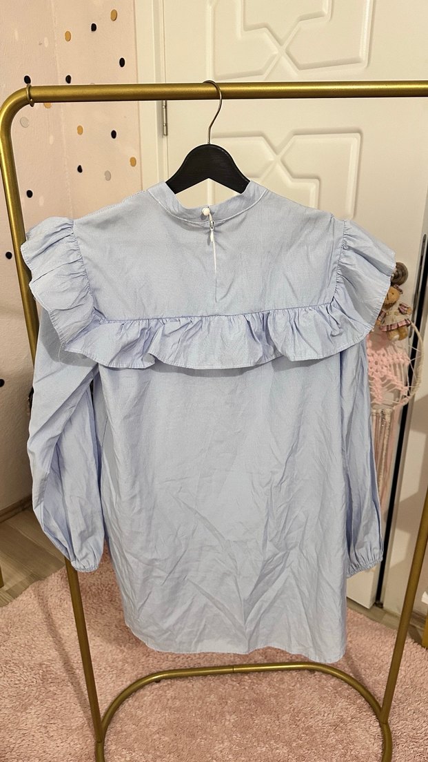 Kadın Mavi Pamuklu Fırfırlı Uzun Kollu Gömlek - Görsel 3