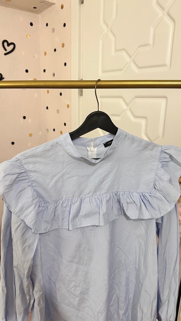 Kadın Mavi Pamuklu Fırfırlı Uzun Kollu Gömlek - Görsel 4