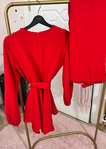 Kemerli Kırmızı  Uzun Kollu Alt üst takım - Görsel 2
