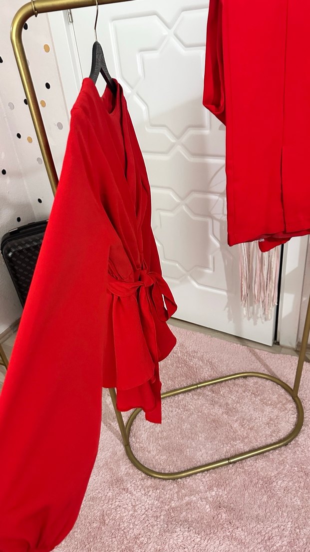 Kemerli Kırmızı  Uzun Kollu Alt üst takım - Görsel 3