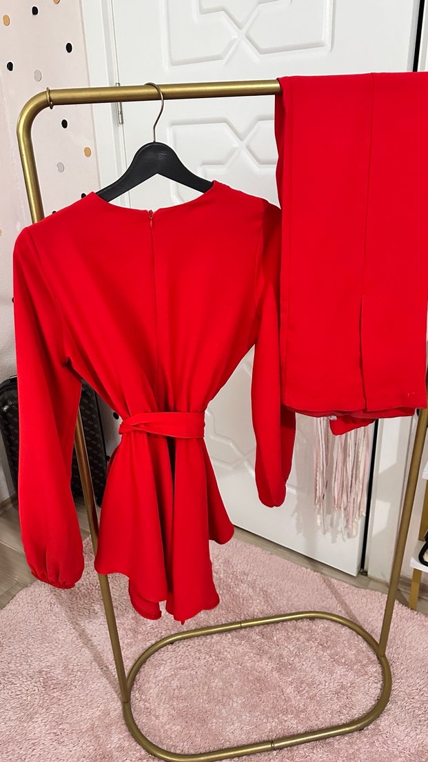 Kemerli Kırmızı  Uzun Kollu Alt üst takım - Görsel 2