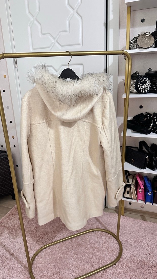 Gri Kürklü Beyaz Midi Kadın kaban - Görsel 2