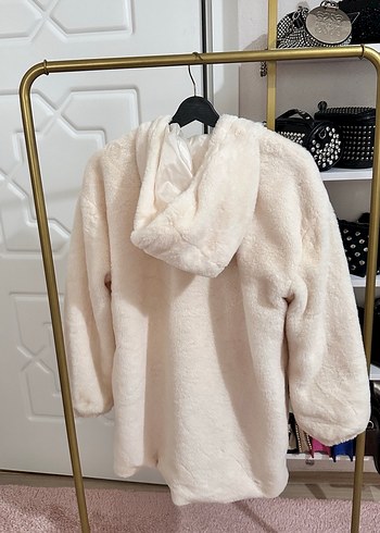 Beyaz Kadın Peluş Midi Ceket - Görsel 3