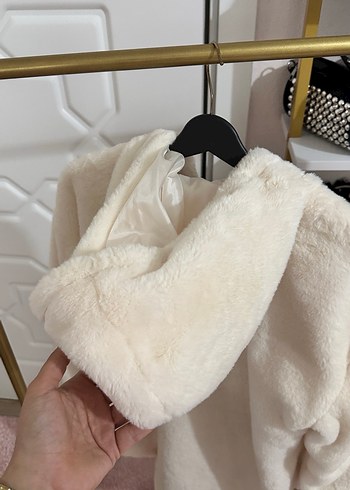 Beyaz Kadın Peluş Midi Ceket - Görsel 4