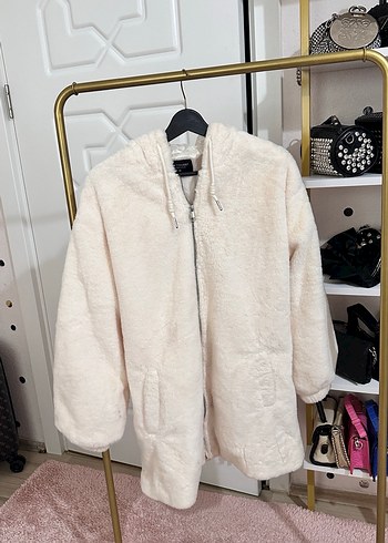 Beyaz Kadın Peluş Midi Ceket - Görsel 7