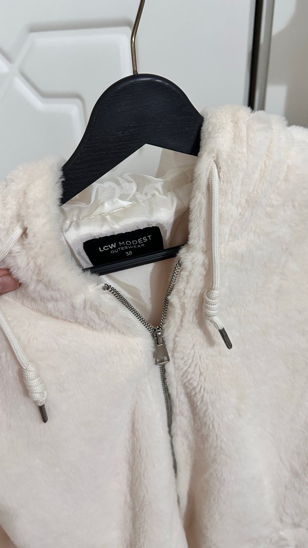 Beyaz Kadın Peluş Midi Ceket - Görsel 5