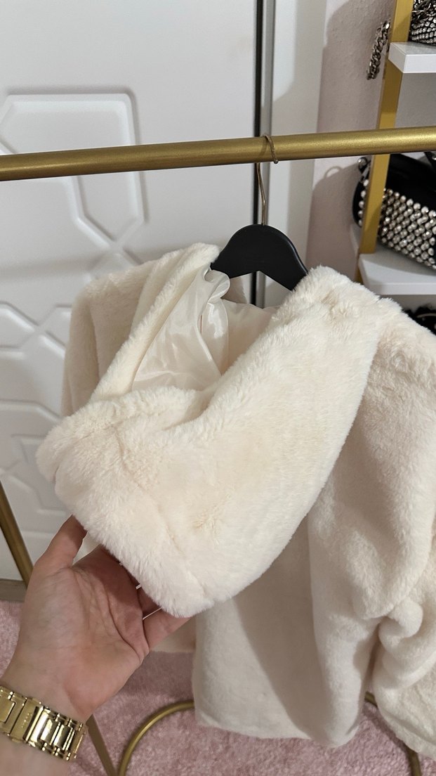 Beyaz Kadın Peluş Midi Ceket - Görsel 4