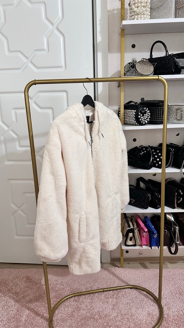 Beyaz Kadın Peluş Midi Ceket - Görsel 2