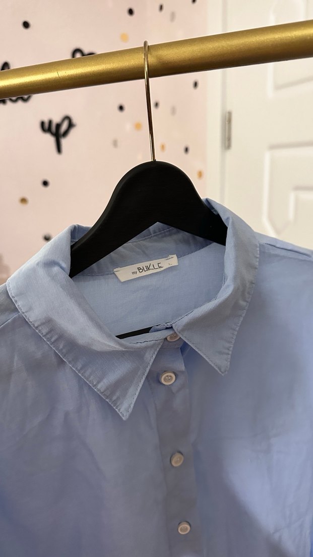 Mavi Düğmeli Uzun Kollu Keten Gömlek - Görsel 4