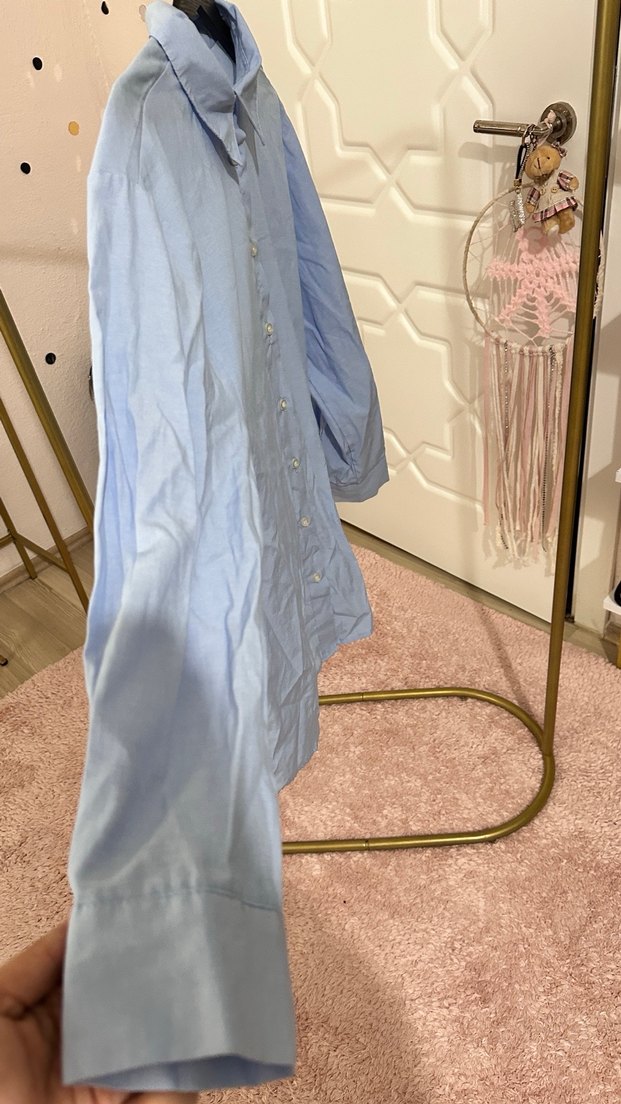 Mavi Düğmeli Uzun Kollu Keten Gömlek - Görsel 3