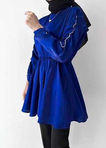 Mavi Kolları taşlı Mini Tunik - Görsel 2