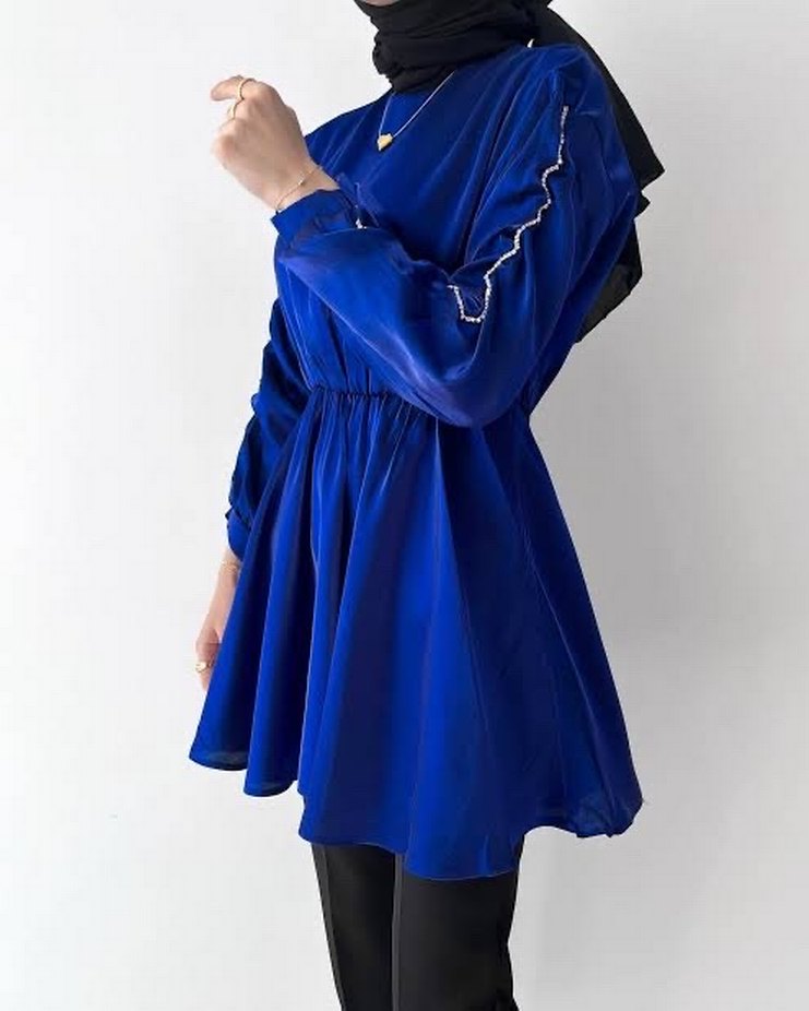 Mavi Kolları taşlı Mini Tunik - Görsel 2