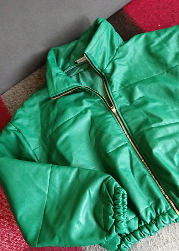 Yeşil Parlak Deri Kadın Ceket - Görsel 2
