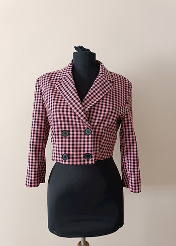 Pembe Mini Kareli Kadın Blazer