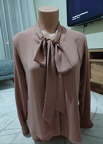 s Beden camel Renk V Yaka Uzun Kollu Kadın Gömlek