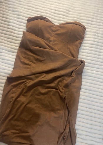 Kahverengi Straplez Süet Midi Elbise - Görsel 4