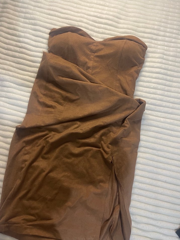 Kahverengi Straplez Süet Midi Elbise - Görsel 4