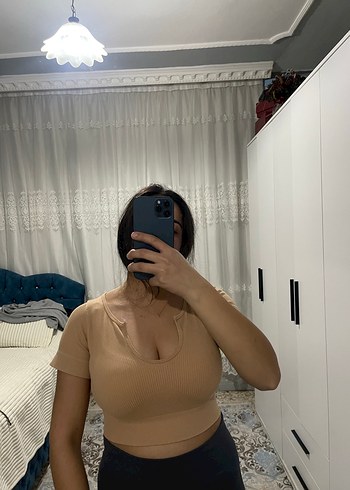 Bej V Yaka Kadın Crop Top - Görsel 7