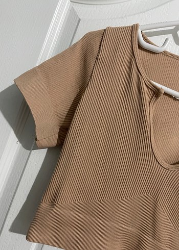 Bej V Yaka Kadın Crop Top - Görsel 5