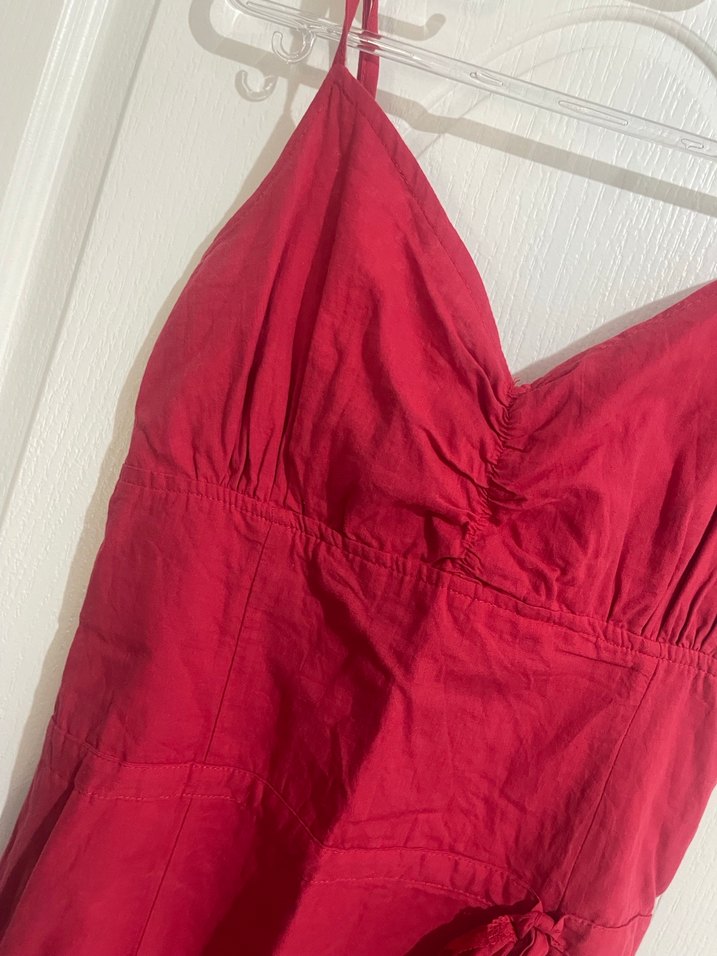 Kırmızı V Yakalı Keten Midi Elbise - Görsel 5