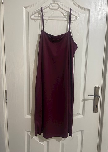 Bordo İpek Görünümlü Midi Elbise - Görsel 2