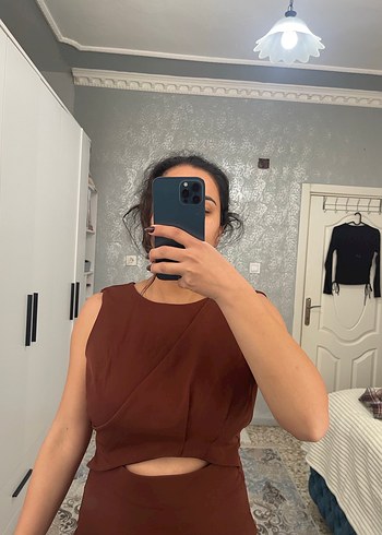 Kahverengi Drapeli Midi Abiye Elbise - Görsel 5