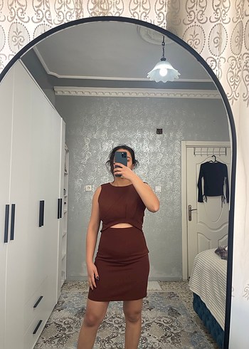 Kahverengi Drapeli Midi Abiye Elbise - Görsel 4