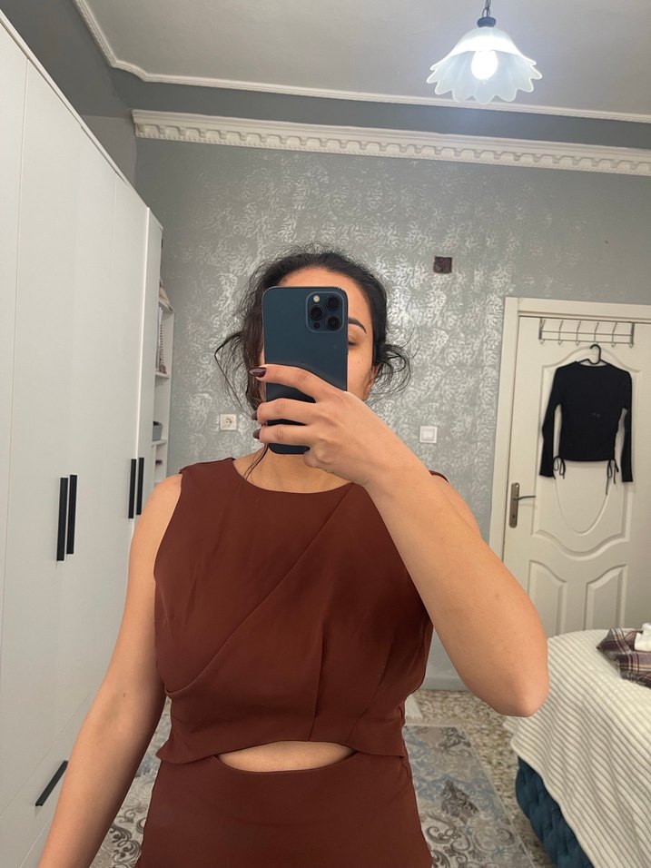 Kahverengi Drapeli Midi Abiye Elbise - Görsel 5