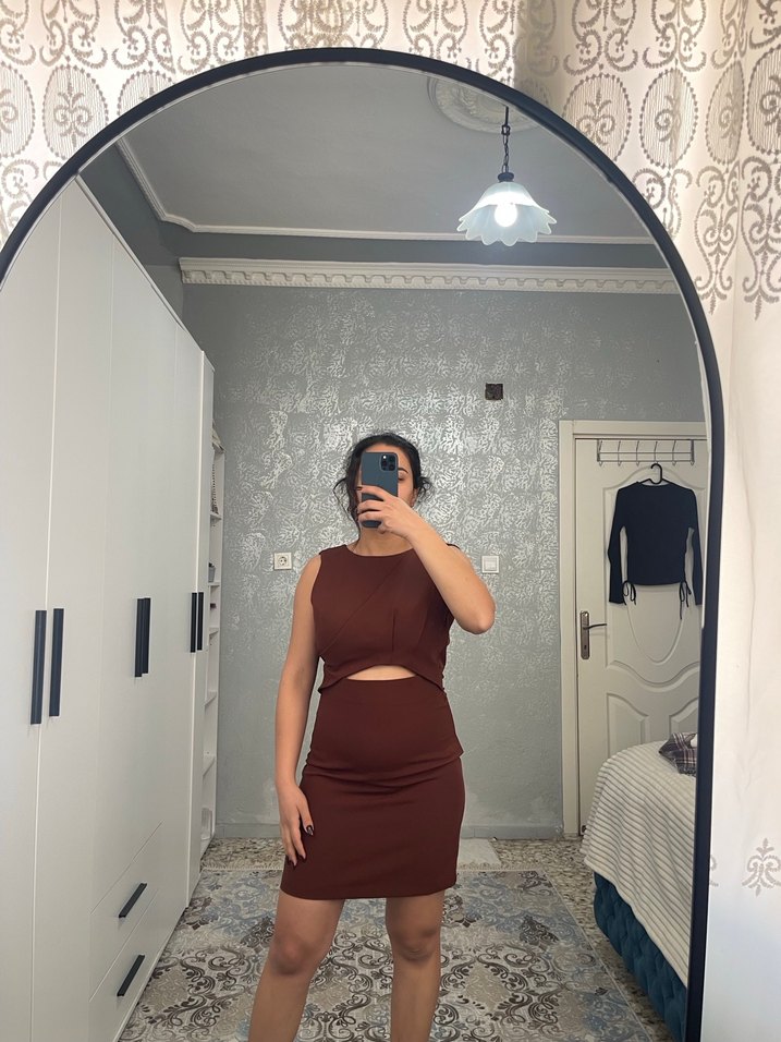 Kahverengi Drapeli Midi Abiye Elbise - Görsel 4