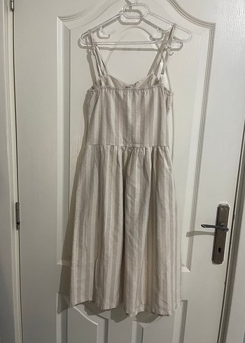 Bej Çizgili Keten Midi Elbise - Görsel 2