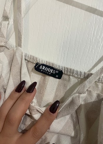 Bej Çizgili Keten Midi Elbise - Görsel 4