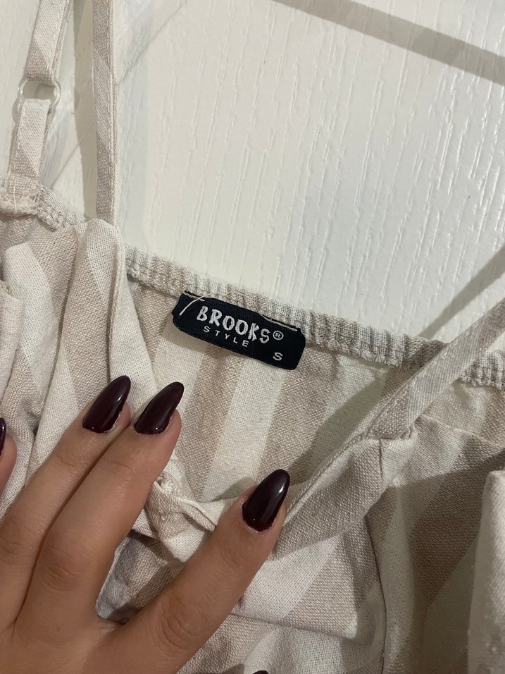 Bej Çizgili Keten Midi Elbise - Görsel 4