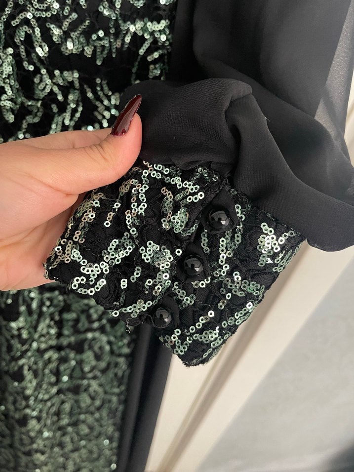 Siyah Yılan Desenli Uzun Kol Abiye Elbise - Görsel 3