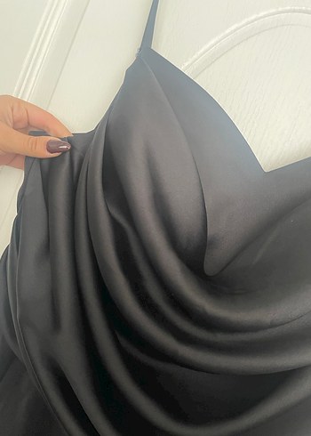 Siyah Drapeli Uzun Kadın Abiye Elbise - Görsel 5