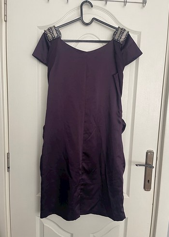 Mor Drapeli Kısa Kollu Midi Elbise - Görsel 7