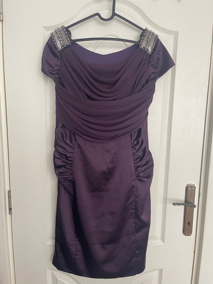 Mor Drapeli Kısa Kollu Midi Elbise - Görsel 2