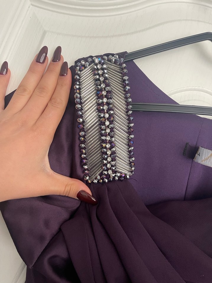 Mor Drapeli Kısa Kollu Midi Elbise - Görsel 3