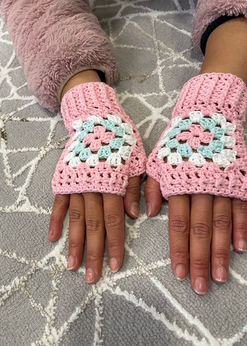 Pembe Örgü Bohem Kadın Eldiveni - Görsel 5