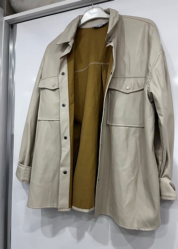 Düğmeli Bej Deri Kadın Ceket - Görsel 2