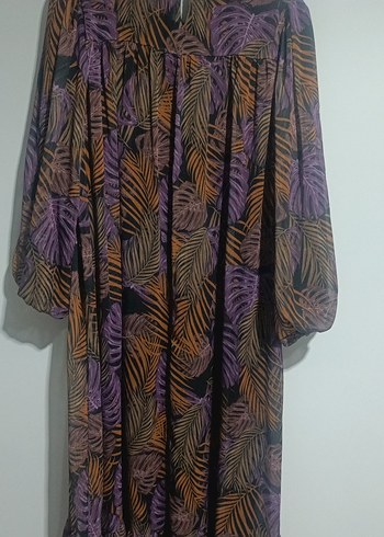 Uzun Mor Bohem Yaprak Desenli Elbise - Görsel 3