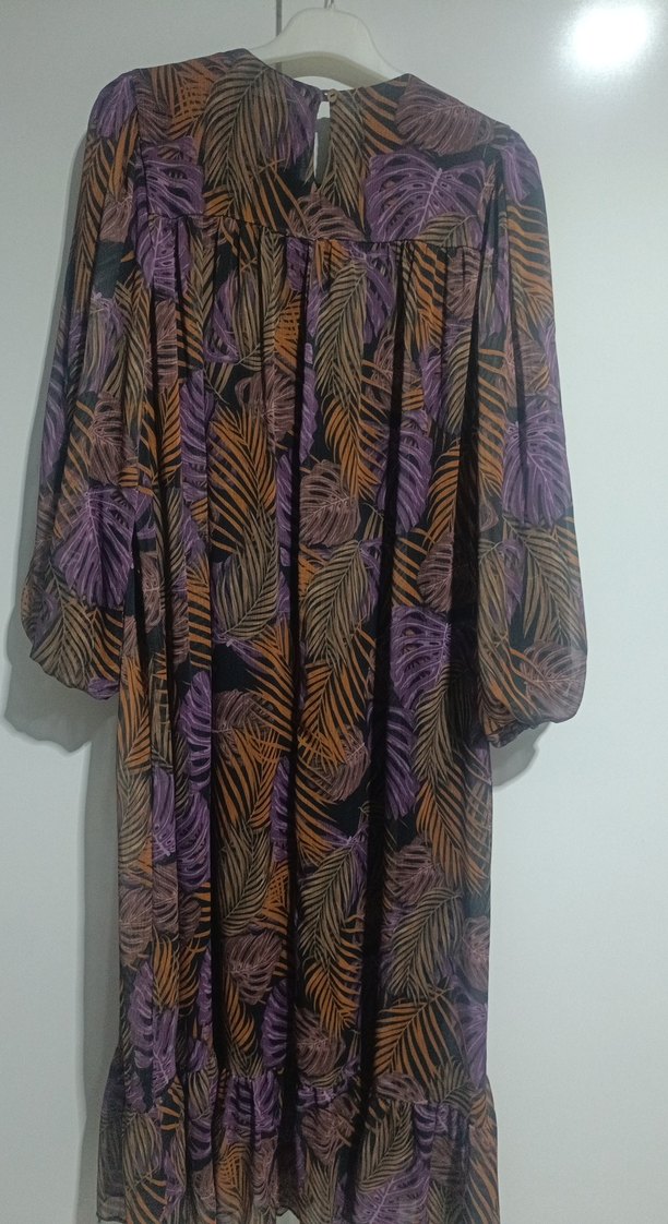 Uzun Mor Bohem Yaprak Desenli Elbise - Görsel 3