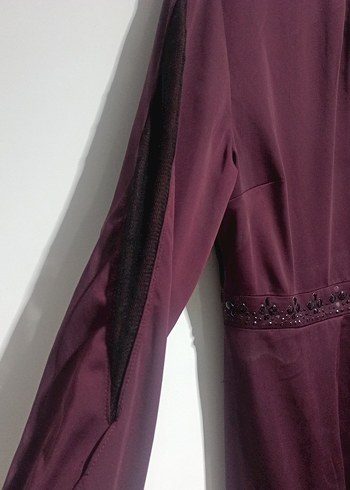 Bordo Nakışlı Uzun Kollu Uzun Elbise - Görsel 2