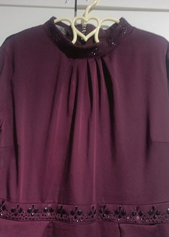 Bordo Nakışlı Uzun Kollu Uzun Elbise - Görsel 3