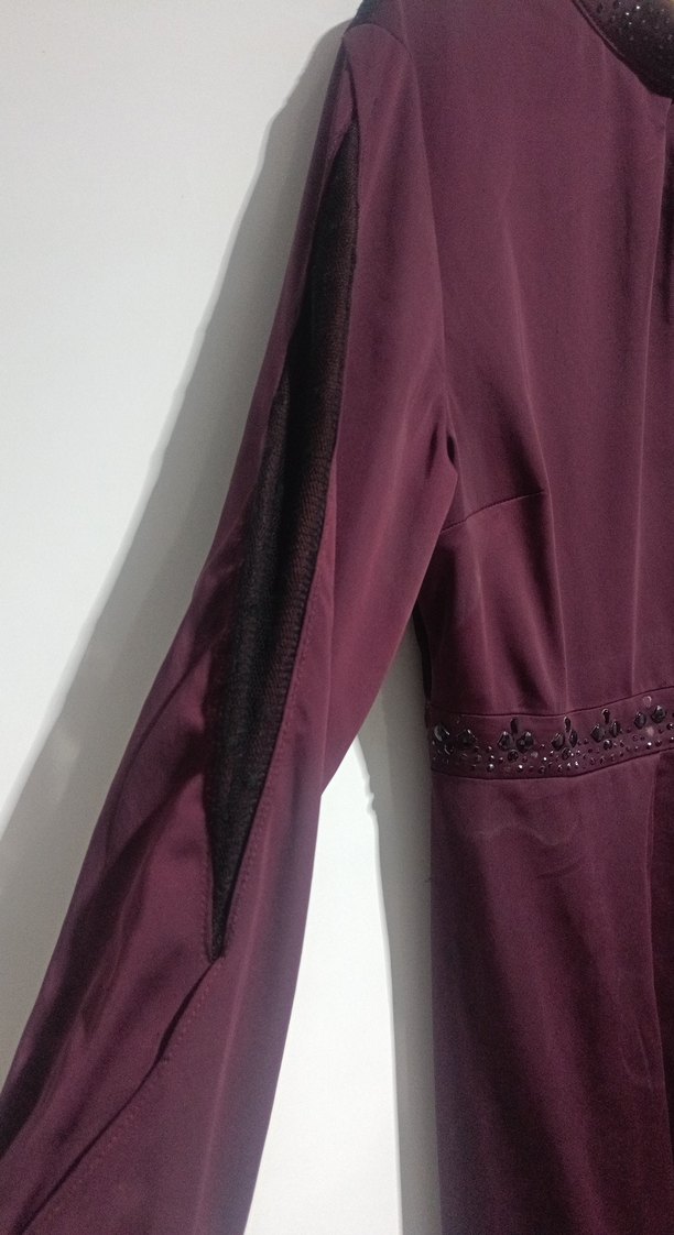 Bordo Nakışlı Uzun Kollu Uzun Elbise - Görsel 2